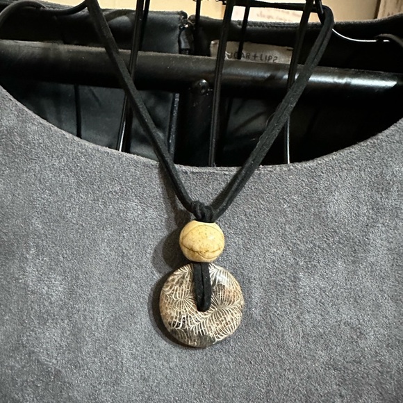 Coral Fossil Donut Pendant Necklace on Black Faux Leather Double Rope - Picture 14 of 14
